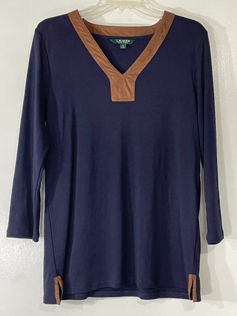 Lauren Ralph Lauren Women’s Navy Long Sleeve Top Brown Trim Size XL Cotton Great